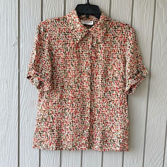 Funky Vintage GIANNI Abstract Blouse – 90s Rayon Sheer Made in USA – Sz 10 M/L - Picture 1 of 12